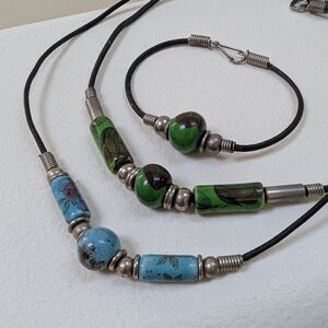 Handcrafted Ceramic Bead Necklace and Bracelet Set in Green and Turquoise